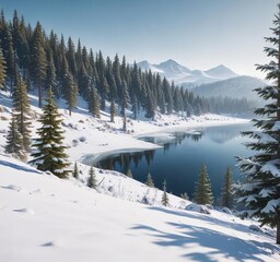 Wall Mural - Snow-covered evergreen trees on a mountain slope with a gentle slope and a frozen lake in the distance , lake, icy, evergreen