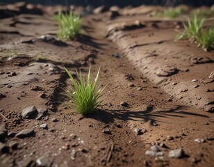 Wall Mural - A solitary blade of grass growing from the earth at varying distances from a central point, nature, landscape