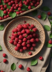 Wall Mural - Ripe red raspberries on a wicker plate, with a few leaves scattered around, fruit, leaves, red