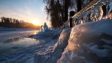 Wall Mural - Frozen riverbank at sunset, ice formations on fence.