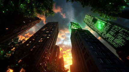 Canvas Print - Futuristic city skyscrapers with glowing digital code at sunset.