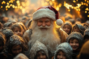 Wall Mural - Funny happy kid taking gift from bag of Santa Claus. holidays, christmas, childhood