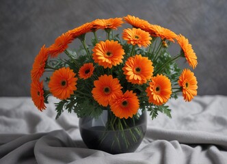 Wall Mural - Delicate orange chrysanthemum flowers arranged in a vase on grey cloth , orange, natural