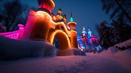 Canvas Print - Illuminated ice castle at night, snowy landscape.