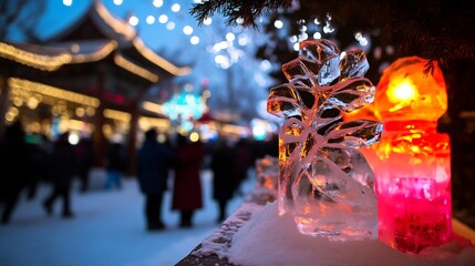 Canvas Print - Illuminated ice sculptures at a winter festival.