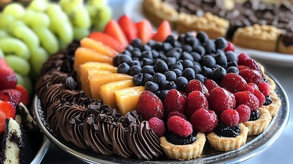 Wall Mural - A close-up of a gluten-free dessert platter featuring an assortment of fruit tarts, chocolate chip cookies, and a decadent flourless chocolate cake 