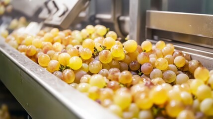 Poster - Freshly harvested golden grapes are being sorted and processed in a wine production facility. The scene captures the essential steps in creating natural wine in an efficient manner.