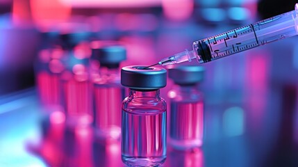 Poster - syringe inserted into a clear vial during a laboratory experiment with vibrant lighting