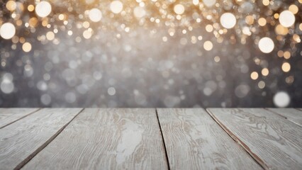Wall Mural - Rustic white wash wood board mockup surface with silver gray white wintery bokeh background