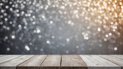 Wall Mural - Rustic white wash wood board mockup surface with small glittery silver gray white winter snow bokeh background