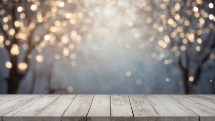 Wall Mural - Rustic white wash wood board mockup surface with trees and silver gray white winter snow bokeh lights background