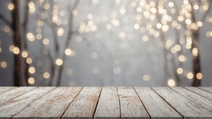 Wall Mural - Rustic white wash wood board mockup surface with tree silhouette and silver gray white winter snow bokeh lights background
