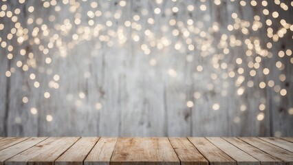 Wall Mural - Rustic white wash wood board mockup surface and back wall with silver gray white winter bokeh lights background