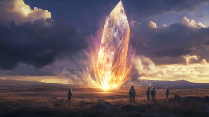 Poster - A symmetrical view of astronauts scanning a massive glowing alien crystal protruding from the landscape.