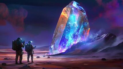 Poster - A symmetrical view of astronauts scanning a massive glowing alien crystal protruding from the landscape.