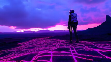 Poster - Astronauts documenting symmetrical glowing lines forming intricate patterns on an alien plain.