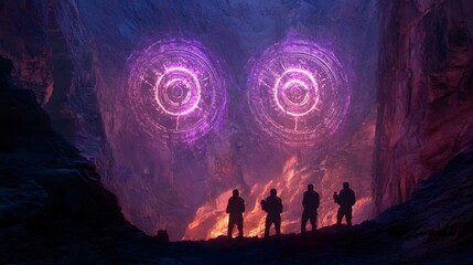 Poster - Astronauts scanning glowing alien glyphs arranged in symmetrical formations on canyon walls.