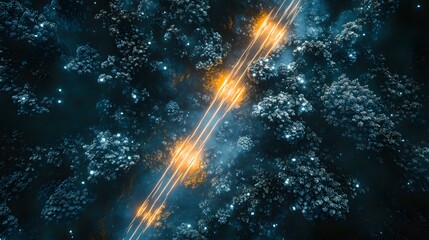 Poster - Aerial perspective of astronauts navigating glowing symmetrical trails through an alien jungle.