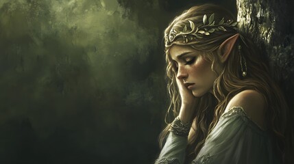 Aufkleber - A clean portrait of a dryad leaning gently against a smooth tree trunk, her features subtle but distinct in the soft light.