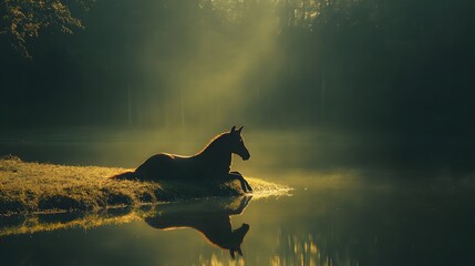 Poster - A minimalist view of a kelpie lying on the banks of a calm, reflective lake, its form softly glowing under the subdued light.