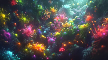 Poster - Aerial view of astronauts navigating a luminous alien jungle, with symmetrical clusters of glowing flora.