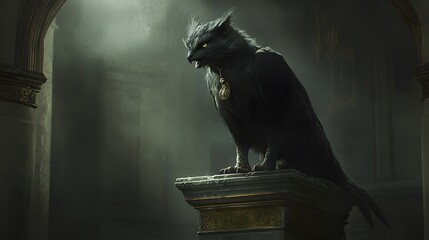 Aufkleber - A clean composition of a griffin perched on a stone pedestal, its sharp features illuminated by a soft overhead light.