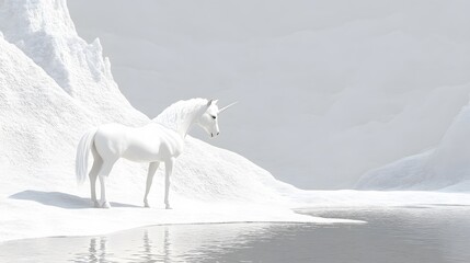 Fototapete - A minimalist view of a unicorn standing at the edge of a reflective pool, its horn faintly glowing in the soft light.