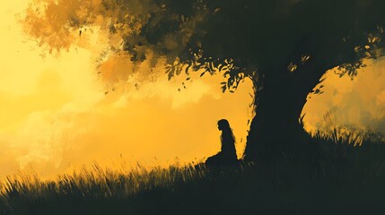 Aufkleber - A minimalist composition of a dryad kneeling at the base of a tree, her face turned upward toward soft, diffused light.