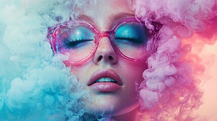 Canvas Print - Close-up of a woman with vibrant makeup and pink glasses in smoky clouds