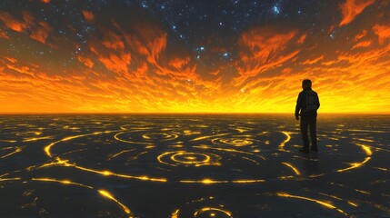 Poster - Astronauts inspecting symmetrical glowing patterns etched into a flat alien plain under a vibrant sky.