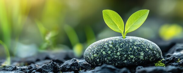 Business growth symbol depicted on a green stone with a vibrant backdrop, conveying a professional concept with copy space.