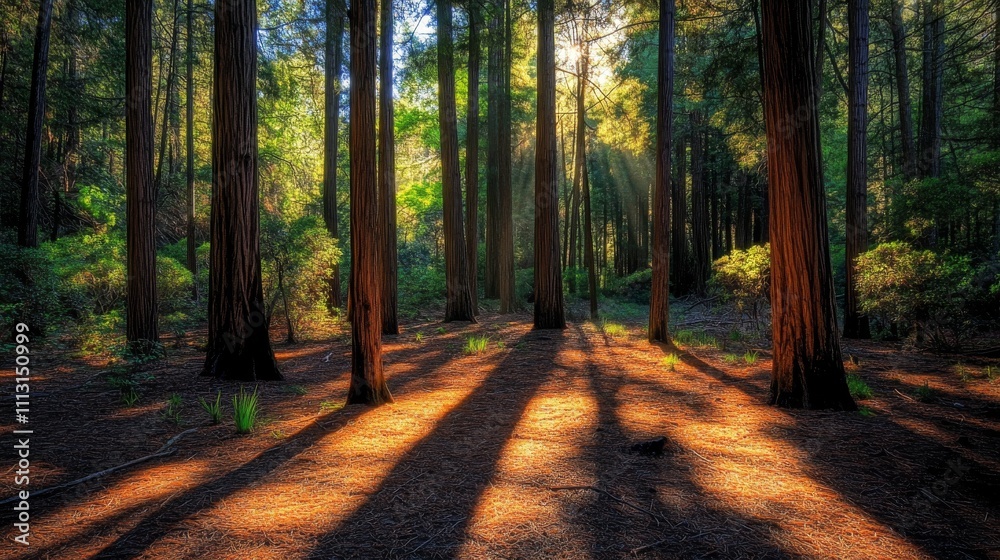 10.A tranquil forest scene where sunlight filters through the tall ...
