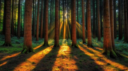 Wall Mural - 10.A tranquil forest scene where sunlight filters through the tall trees, casting long shadows on the forest floor. The ground is dotted with terrestrial plants, twigs, and patches of grass, while