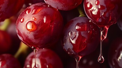 Leinwandbilder - Clusters of ripe red grapes glisten with droplets of juice, showcasing their natural freshness. This close-up captures the rich color and texture of the grapes, celebrating nature's bounty.
