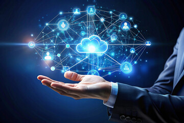 Hand holding a digital network of cloud computing and data connections.