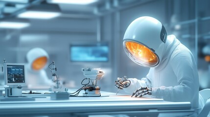  - futuristic scientist in white suit conducting experiments in a high-tech lab with glowing elements