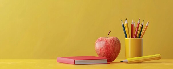 Poster - Back to school concept featuring apple, notebook and colored pencils