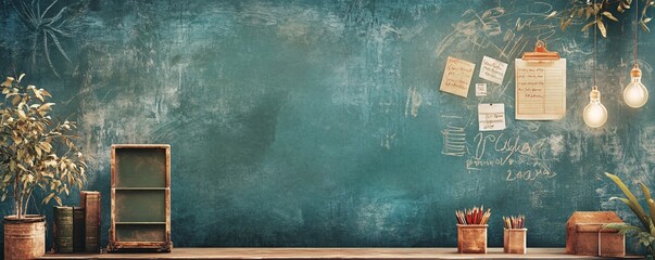 Aufkleber - Empty classroom with blackboard, notes, and plants conveys learning atmosphere