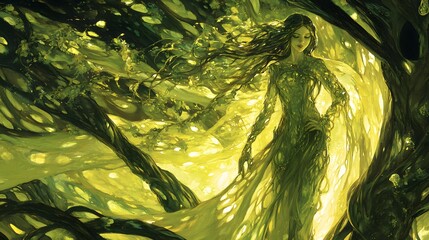 Poster - A clean depiction of a dryad standing amidst a cluster of smooth trees, her features faintly visible in the soft light.