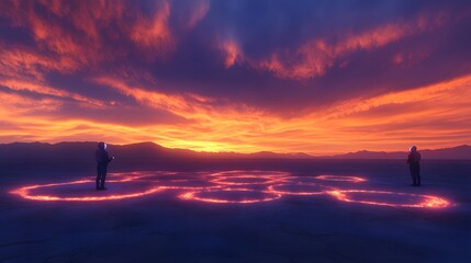 Poster - Astronauts inspecting symmetrical glowing patterns etched into a flat alien plain under a vibrant sky.