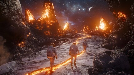 Poster - A high-angle view of astronauts hiking along parallel paths through a glowing alien landscape.
