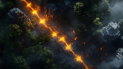 Poster - Aerial perspective of astronauts navigating glowing symmetrical trails through an alien jungle.
