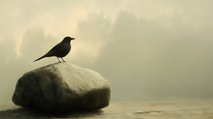 Aufkleber - A clean and simple view of a thunderbird perched softly atop a flat stone, its shadow subtle against the muted ground.