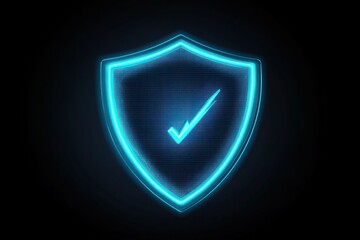 cybersecurity shield icon with a bright blue glow on a dark background, symbolizing digital protecti