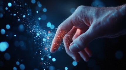 Poster - hand reaching out to shimmering particles of light in a dark environment during a creative digital a