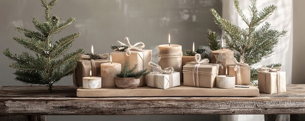 Poster - Christmas gifts and lit candles creating cozy atmosphere on wooden table
