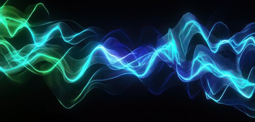 Wall Mural - Flowing neon sound waves in vibrant blue and green gradients on a black background, creating a dynamic abstract style.