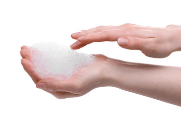 Wall Mural - Woman with bath foam on white background, closeup