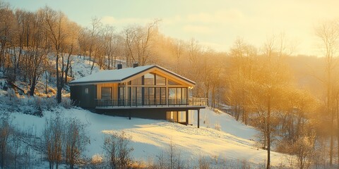 Wall Mural - a house with a large deck and a view of the mountains. the house is surrounded by trees and snow