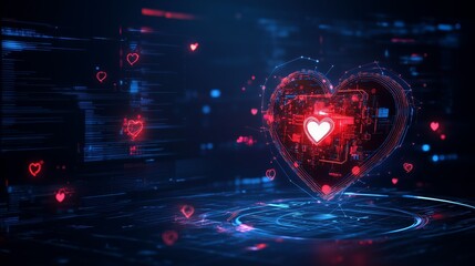 Poster - Digital heart with glowing elements in a futuristic technology environment representing love and data